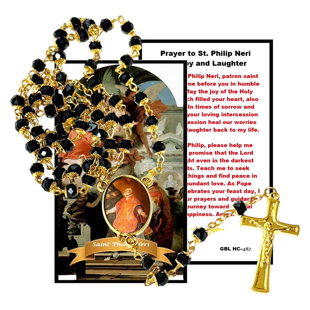 Saint Philip Neri Patron of joy, humor, comedians and artists Handcrafted rosary jet black quartz capped beads gold plated findings, crucifix, medal centerpiece with color image and a prayer card