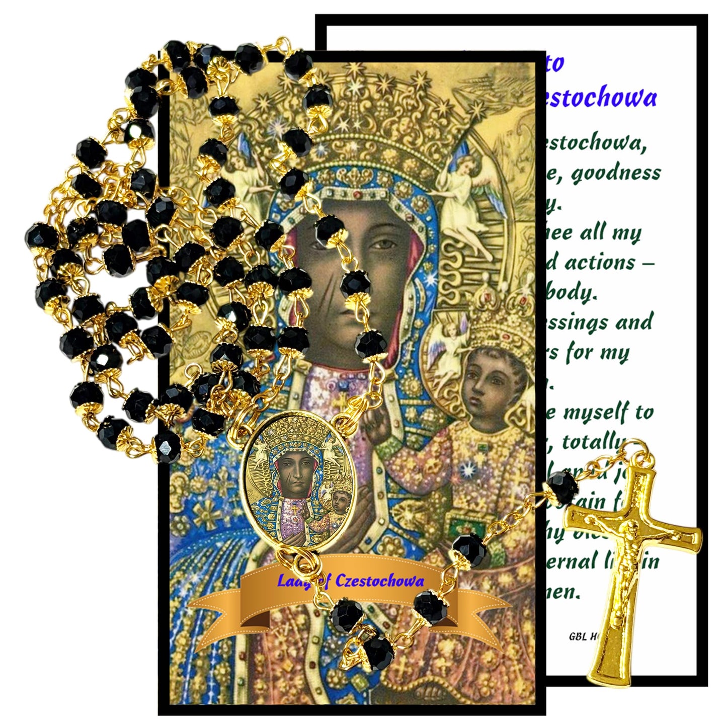 Our Lady of Czestochowa Patron of Poland Handcrafted rosary jet black quartz capped beads gold plated findings, crucifix, medal centerpiece with color image and a prayer card