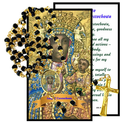 Our Lady of Czestochowa Patron of Poland Handcrafted rosary jet black quartz capped beads gold plated findings, crucifix, medal centerpiece with color image and a prayer card