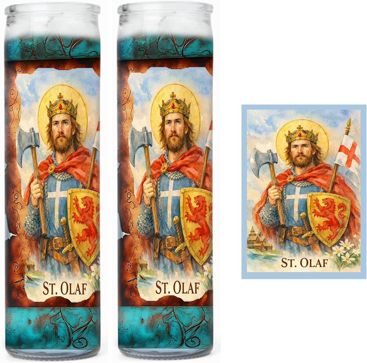 St. Olaf Candle with Prayer on Back | Patron Saint of Norway – Catholic Devotional Pillar Candle for Home Altar, Protection & Daily Prayer - Set of 2 Candles and Prayer Card