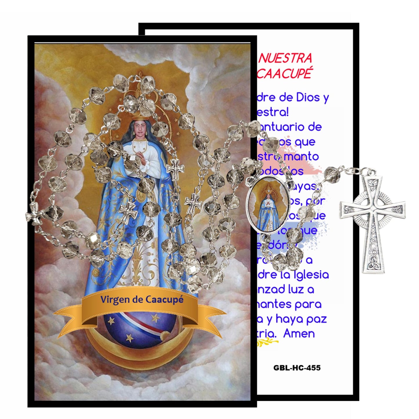NUESTRA SEÑORA DE CAACUPE Patrona de Paraguay Rosario artesanal de cristal de cuarzo ahumado con crucifijo bañado en plata y centro con imagen a color – crucifijos por Padre Nuestros y postal de rezo EN ESPANOL