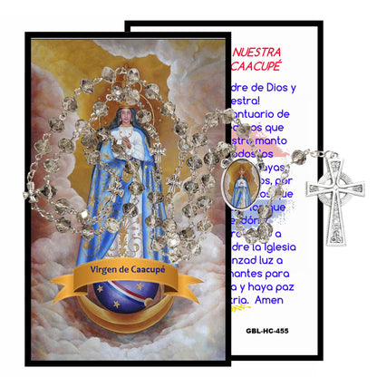 NUESTRA SEÑORA DE CAACUPE Patrona de Paraguay Rosario artesanal de cristal de cuarzo ahumado con crucifijo bañado en plata y centro con imagen a color – crucifijos por Padre Nuestros y postal de rezo EN ESPANOL