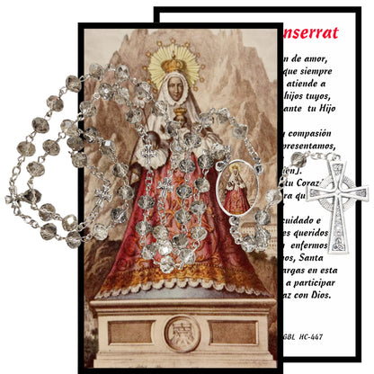 Senora de Monserrate Monserrat Montserrate La Moreneta Handcrafted Smoke Quartz Crystal Rosary with Silver‑Plated Crucifix and Color Image Centerpiece – Cross Pater Nosters and Prayer Card Included IN SPANISH