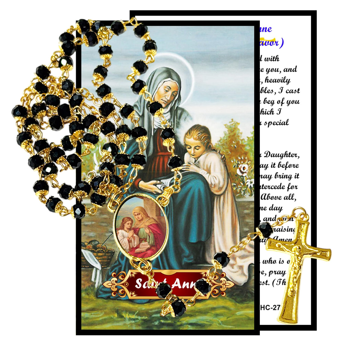 Saint Anne Mother of the Virgin Mary Patroness of Housewives and Women Handcrafted rosary jet black quartz capped beads gold plated findings, crucifix, medal centerpiece with color image and a prayer card IN ENGLISH