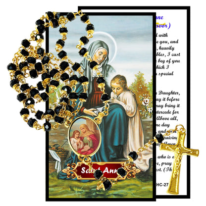 Saint Anne Mother of the Virgin Mary Patroness of Housewives and Women Handcrafted rosary jet black quartz capped beads gold plated findings, crucifix, medal centerpiece with color image and a prayer card IN ENGLISH