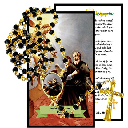 Saint Peregrine Patron of Those Afflicted with Cancer Handcrafted rosary jet black quartz capped beads gold plated findings, crucifix, medal centerpiece with color image and a prayer card