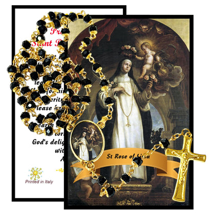 Saint Rose of Lima Patron of Peru Handcrafted rosary jet black quartz capped beads gold plated findings, crucifix, medal centerpiece with color image and a prayer card
