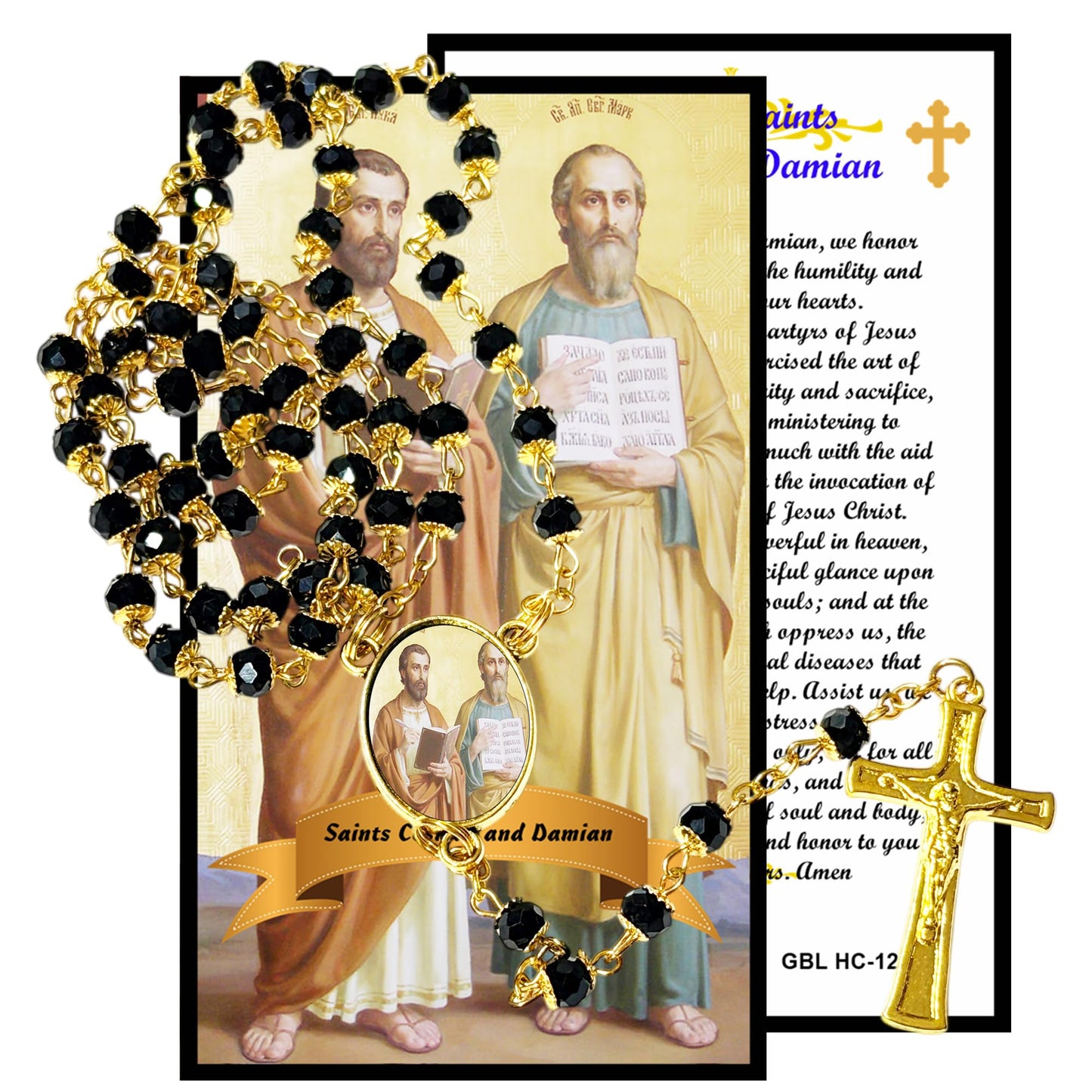Saints Cosmas and Damian Patrons of Pharmacists and Physicians Handcrafted rosary jet black quartz capped beads gold plated findings, crucifix, medal centerpiece with color image and a prayer card