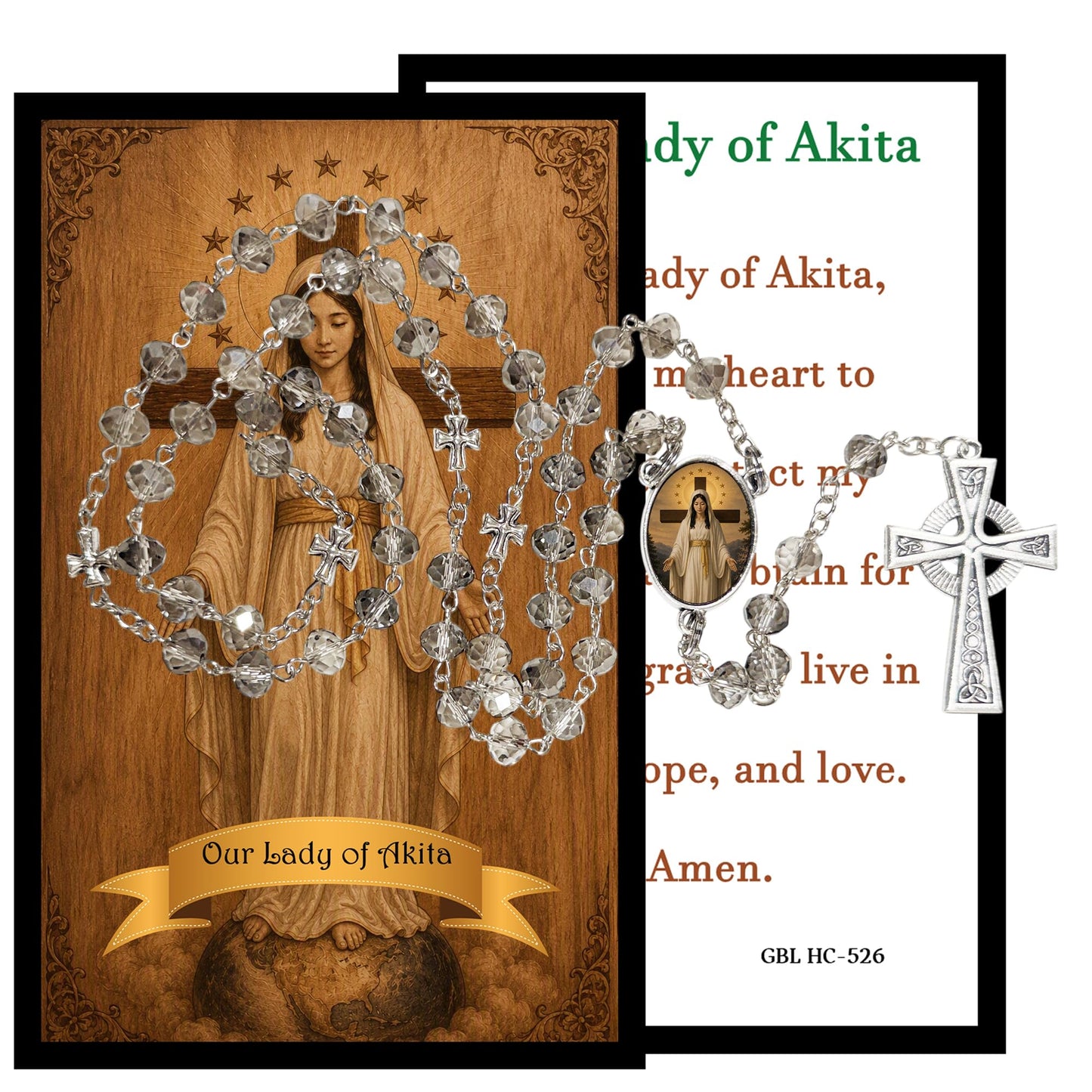 Gifts by Lulee, LLC Our Lady of Akita 秋田の聖母マリア Handcrafted Smoke Quartz Crystal Rosary with Silver‑Plated Crucifix and Color Image Centerpiece – Cross Pater Nosters and Prayer Card Included