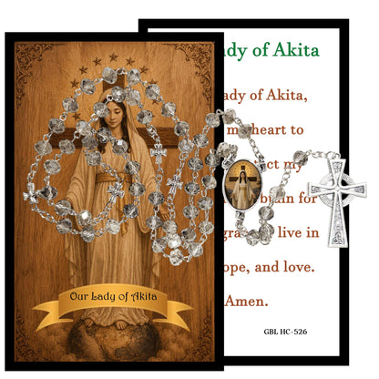Gifts by Lulee, LLC Our Lady of Akita 秋田の聖母マリア Handcrafted Smoke Quartz Crystal Rosary with Silver‑Plated Crucifix and Color Image Centerpiece – Cross Pater Nosters and Prayer Card Included