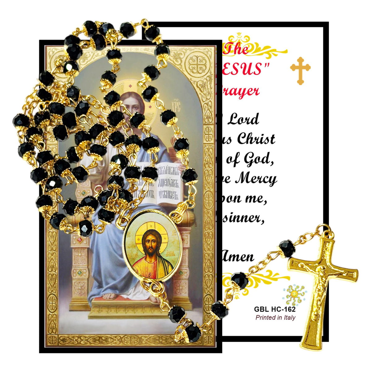 The JESUS Prayer Christ Pantocrator Handcrafted rosary jet black quartz capped beads gold plated findings, crucifix, medal centerpiece with color image and a prayer card
