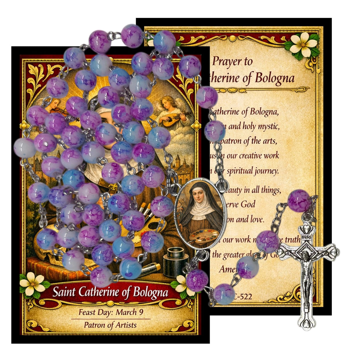 Saint Catherine of Bologna Patron of Artists Handcrafted Periwinkle Lavender Crystal Beaded Rosary with Silver Plated Findings and Crucifix a Cabochon Bezel Center with Color Image Includes a prayer card IN ENGLISH