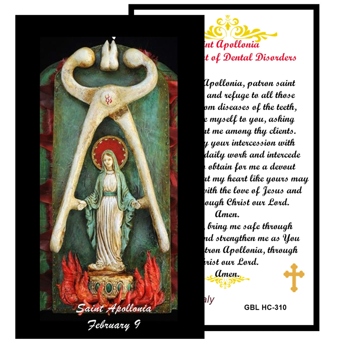 Saint Apollonia Patron of Dentists and Those with Oral Disease Handcrafted rosary jet black quartz capped beads gold plated findings, crucifix, medal centerpiece with color image and a prayer card IN ENGLISH