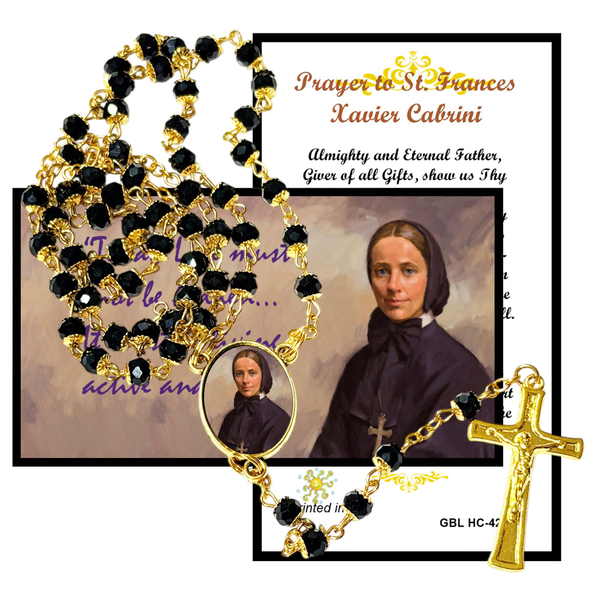 Mother Frances Xavier Cabrini Patron of immigrants and missionaries Handcrafted rosary jet black quartz capped beads gold plated findings, crucifix, medal centerpiece with color image and a prayer card IN ENGLISH