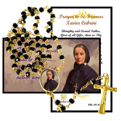 Mother Frances Xavier Cabrini Patron of immigrants and missionaries Handcrafted rosary jet black quartz capped beads gold plated findings, crucifix, medal centerpiece with color image and a prayer card IN ENGLISH