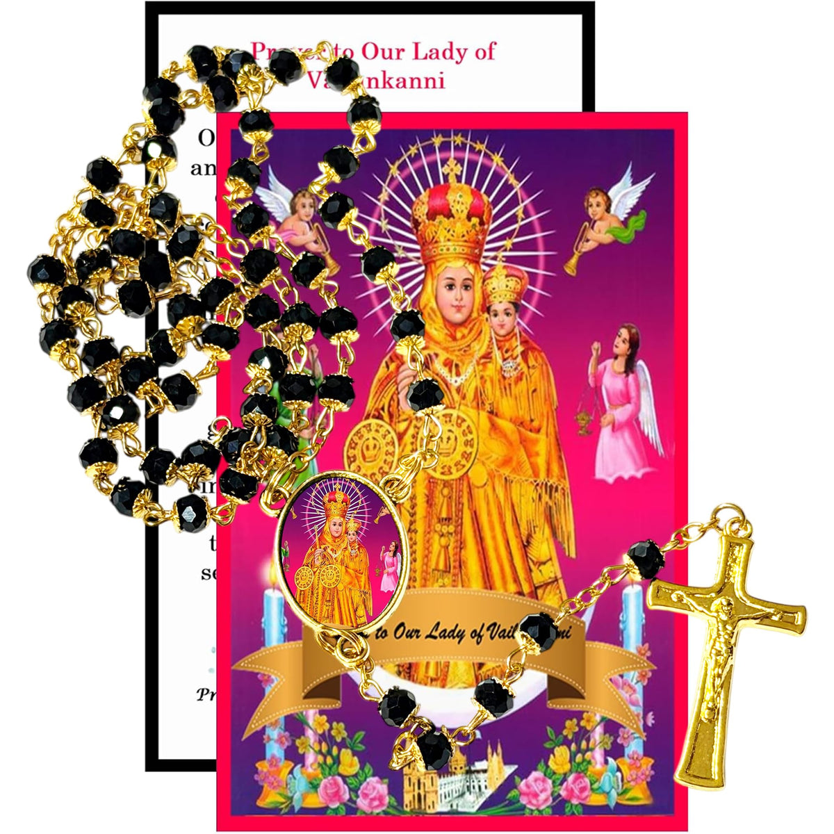 Our Lady of Vailankanni Our Lady of Good Health Handcrafted rosary jet black quartz capped beads gold plated findings, crucifix, medal centerpiece with color image and a prayer card