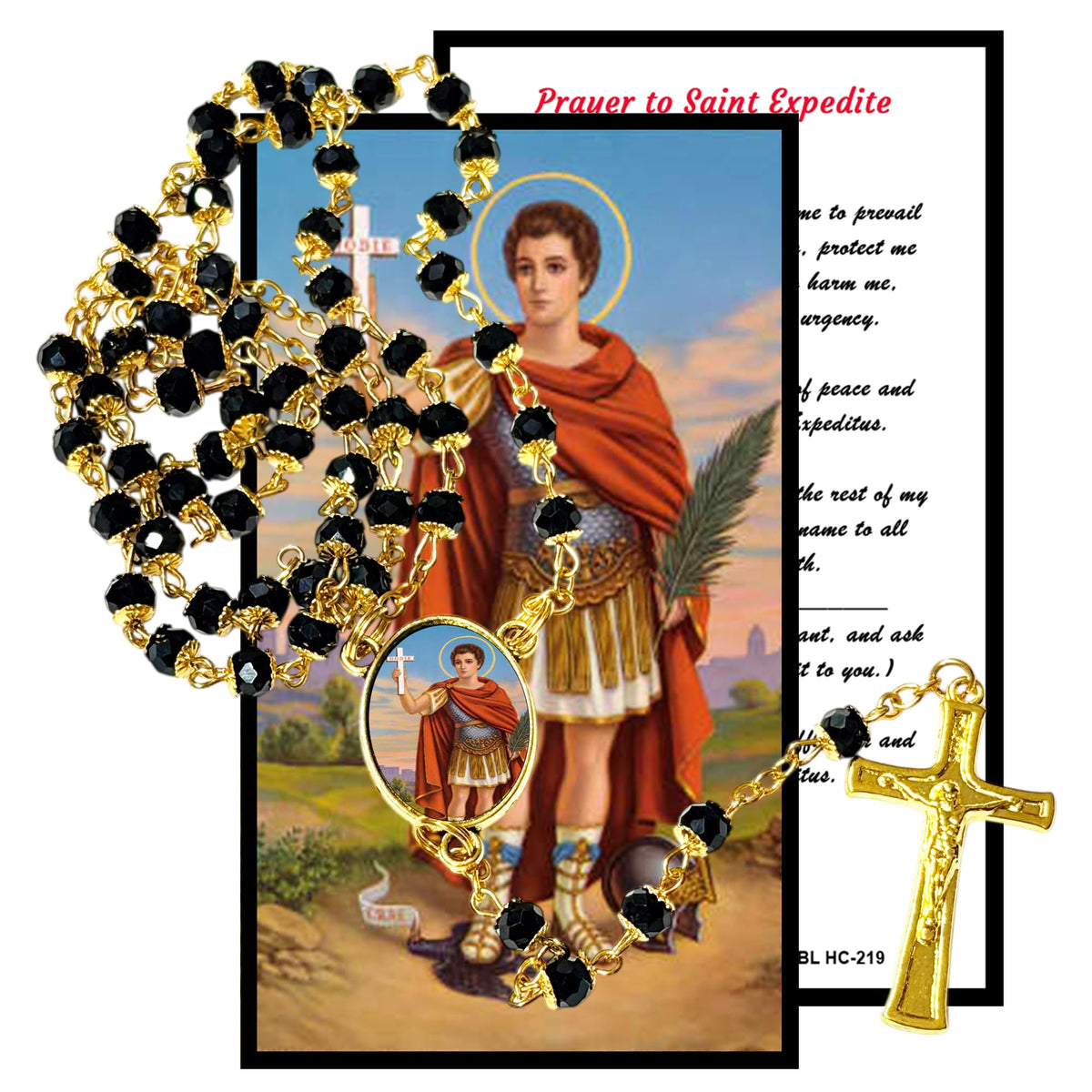Saint Expedite Patron of Urgent Matters and Fast Results Handcrafted rosary jet black quartz capped beads gold plated findings, crucifix, medal centerpiece with color image and a prayer card