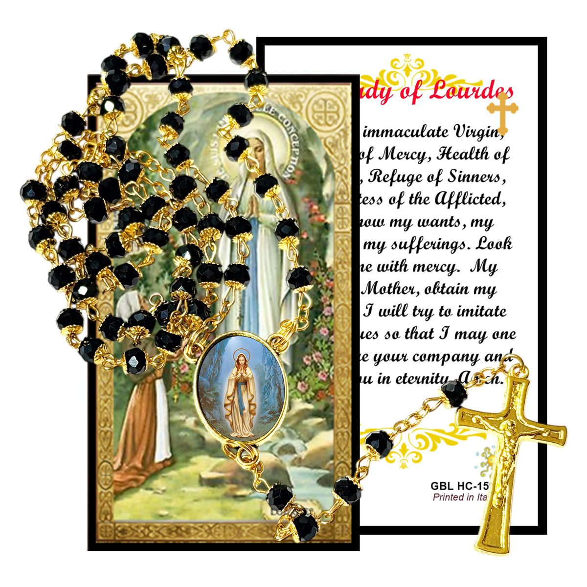 Our Lady of Lourdes Handcrafted rosary jet black quartz capped beads gold plated findings, crucifix, medal centerpiece with color image and a prayer card