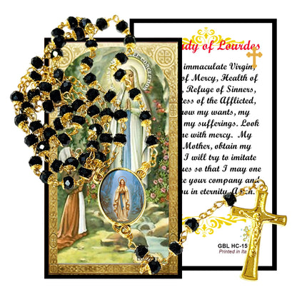 Our Lady of Lourdes Handcrafted rosary jet black quartz capped beads gold plated findings, crucifix, medal centerpiece with color image and a prayer card