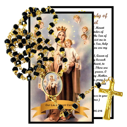 Our Lady of Mount Carmel Handcrafted rosary jet black quartz capped beads gold plated findings, crucifix, medal centerpiece with color image and a prayer card IN ENGLISH