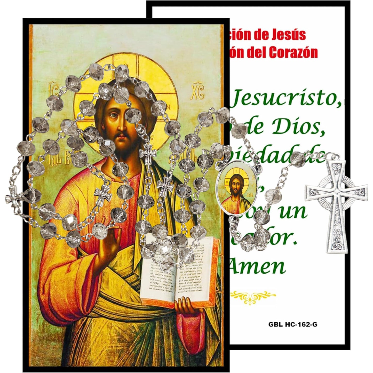 Cristo Pantocrator La Oracion de Jesus Handcrafted Smoke Quartz Crystal Rosary with Silver‑Plated Crucifix and Color Image Centerpiece – Cross Pater Nosters and Prayer Card Included IN SPANISH