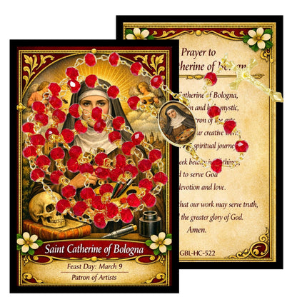 Saint Catherine of Bologna Patron of Artists Handcrafted Scarlett Red Crystal Rosary with All Capped Beads Gold Plated Findings a Cabochon Bezel Center with Color Image and Gold Includes a Prayer Card IN ENGLISH