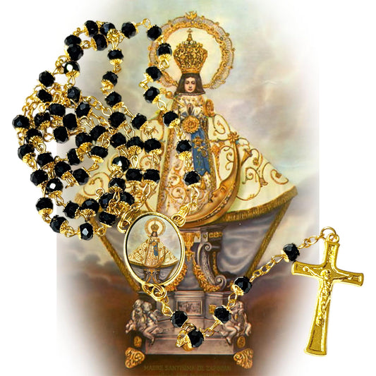 La Virgen de Zapopan La Generala Patrona de Jalisco rosario artesanal con cuentas de cuarzo negro azabache con coronita crucifijo y detalles enchapados en oro centro cabochon con imagen a color y postal de rezo