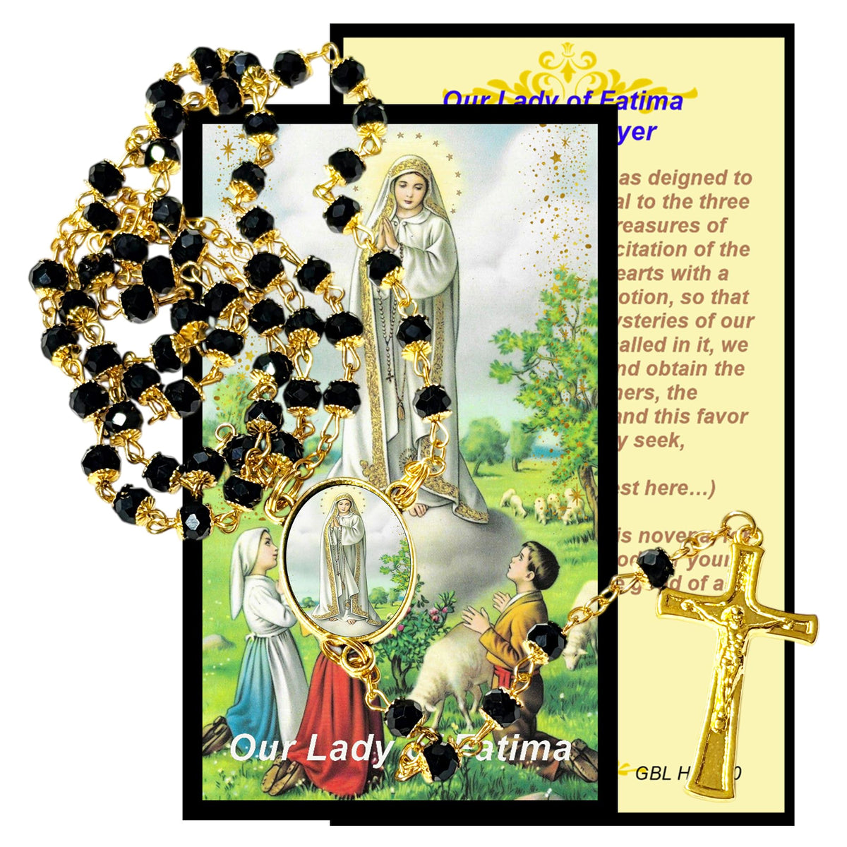 Our Lady of Fatima Handcrafted rosary jet black quartz capped beads gold plated findings, crucifix, medal centerpiece with color image and a prayer card