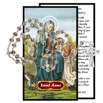 Saint Anne Mother of the Blessed Virgin Mary Patroness of Housewives and Women Handcrafted Smoke Quartz Crystal Rosary with Silver‑Plated Crucifix and Color Image Centerpiece – Cross Pater Nosters and Prayer Card Included