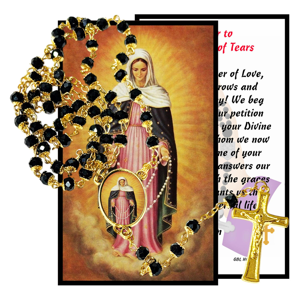Our Lady of Tears Nossa Senhora das Lágrimas Brazilian Marian Devotion Handcrafted rosary jet black quartz capped beads gold plated findings, crucifix, medal centerpiece with color image and a prayer card