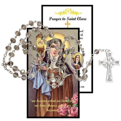 Saint Clare of Assisi Patron of eye disorders, embroiderer Handcrafted Smoke Quartz Crystal Rosary with Silver‑Plated Crucifix and Color Image Centerpiece Cross Pater Nosters and Prayer Card Included