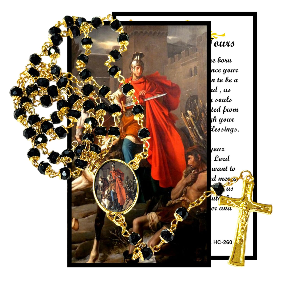 Saint Martin of Tours Patron of France Handcrafted rosary jet black quartz capped beads gold plated findings, crucifix, medal centerpiece with color image and a prayer card