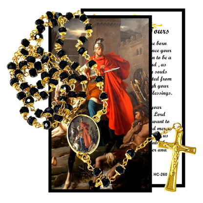 Saint Martin of Tours Patron of France Handcrafted rosary jet black quartz capped beads gold plated findings, crucifix, medal centerpiece with color image and a prayer card