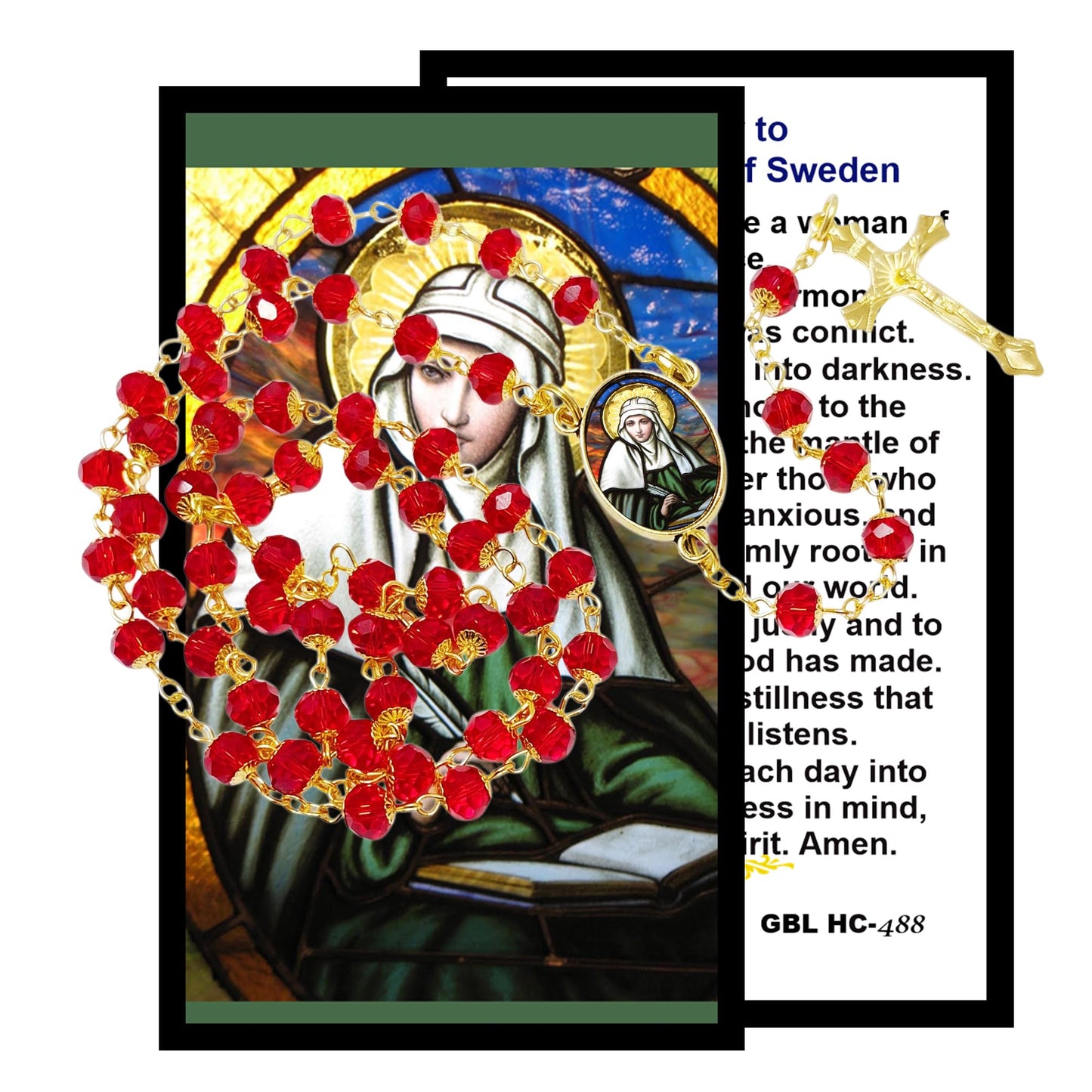 Saint Bridgit of Sweden Patron of Sweden Handcrafted Scarlett Red Crystal Rosary with All Capped Beads Gold Plated Findings a Cabochon Bezel Center with Color Image and Gold Includes a Prayer Card IN ENGLISH