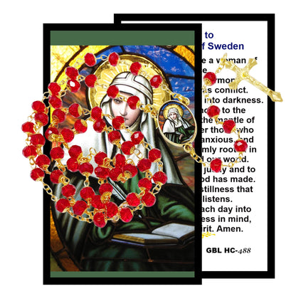 Saint Bridgit of Sweden Patron of Sweden Handcrafted Scarlett Red Crystal Rosary with All Capped Beads Gold Plated Findings a Cabochon Bezel Center with Color Image and Gold Includes a Prayer Card IN ENGLISH