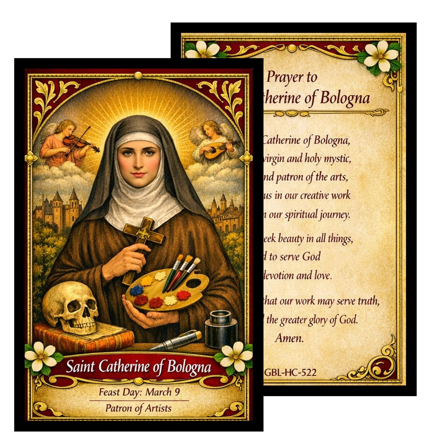 Saint Catherine of Bologna Patron of Artists Handcrafted Scarlett Red Crystal Rosary with All Capped Beads Gold Plated Findings a Cabochon Bezel Center with Color Image and Gold Includes a Prayer Card IN ENGLISH