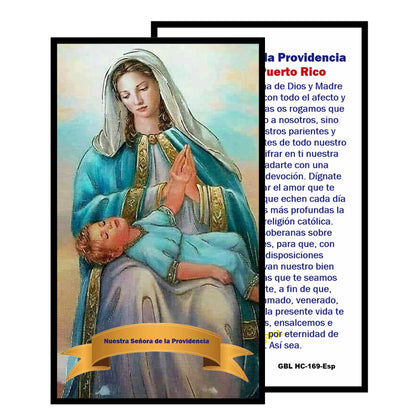 Nuestra Senora de la Divina Providencia Patrona de Puerto Rico Rosario artesanal de cristal de cuarzo ahumado con crucifijo bañado en plata y centro con imagen a color – crucifijos por Padre Nuestros y postal de rezo EN ESPANOL