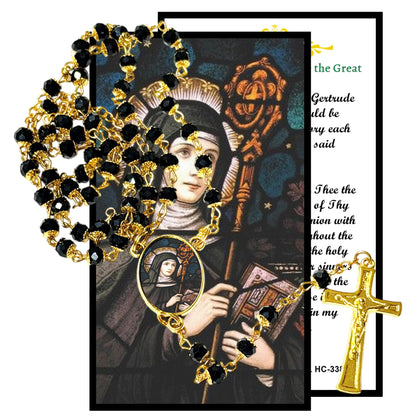 Saint Gertrude Patron of Cats and the Dead Handcrafted rosary jet black quartz capped beads gold plated findings, crucifix, medal centerpiece with color image and a prayer card