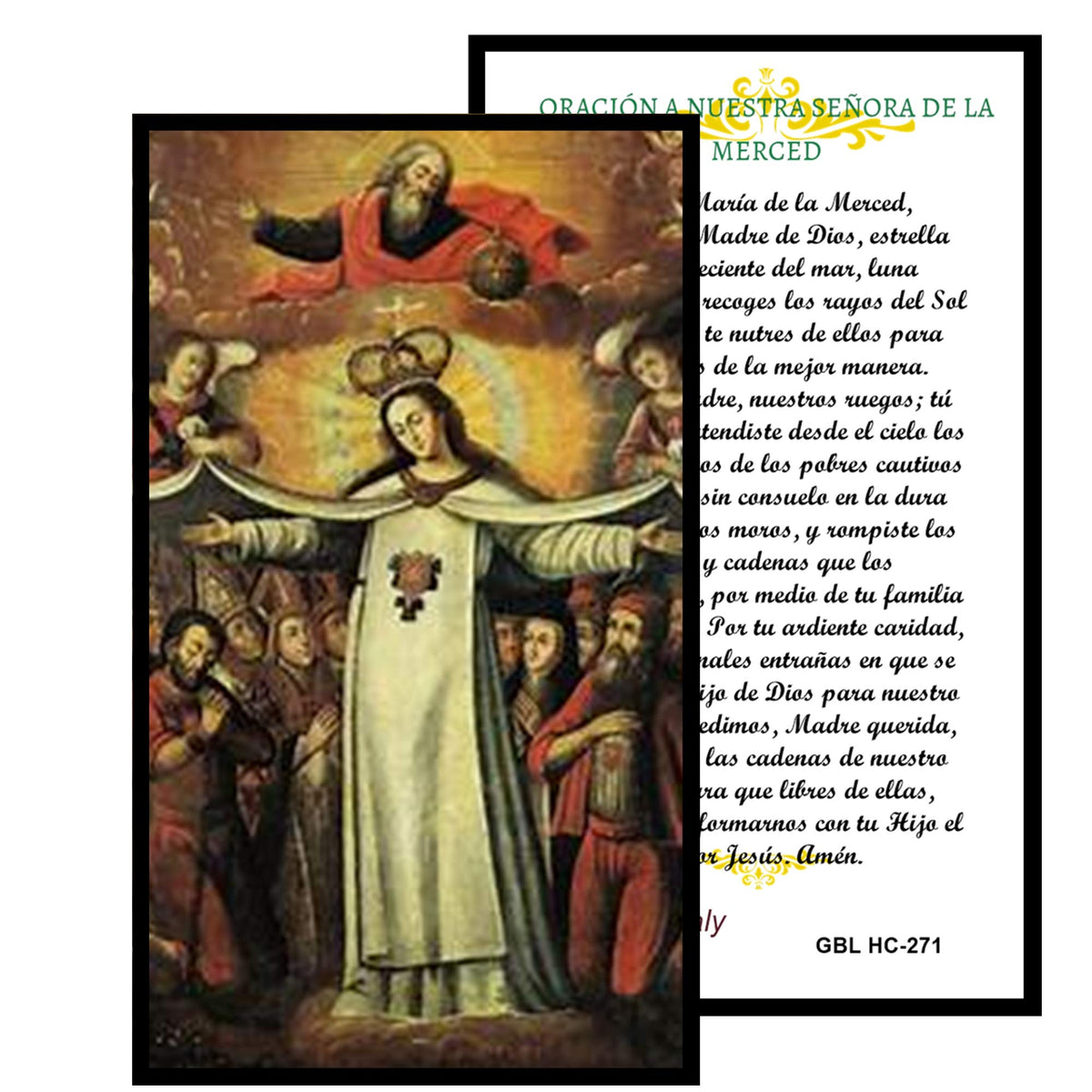 Virgen de la Merced o Mercedes Rosario artesanal de cristal de cuarzo ahumado con crucifijo bañado en plata y centro con imagen a color – crucifijos por Padre Nuestros y postal de rezo EN ESPANOL