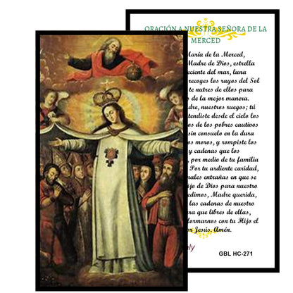 Virgen de la Merced o Mercedes Rosario artesanal de cristal de cuarzo ahumado con crucifijo bañado en plata y centro con imagen a color – crucifijos por Padre Nuestros y postal de rezo EN ESPANOL