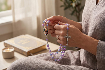 Saint Catherine of Bologna Patron of Artists Handcrafted Periwinkle Lavender Crystal Beaded Rosary with Silver Plated Findings and Crucifix a Cabochon Bezel Center with Color Image Includes a prayer card IN ENGLISH