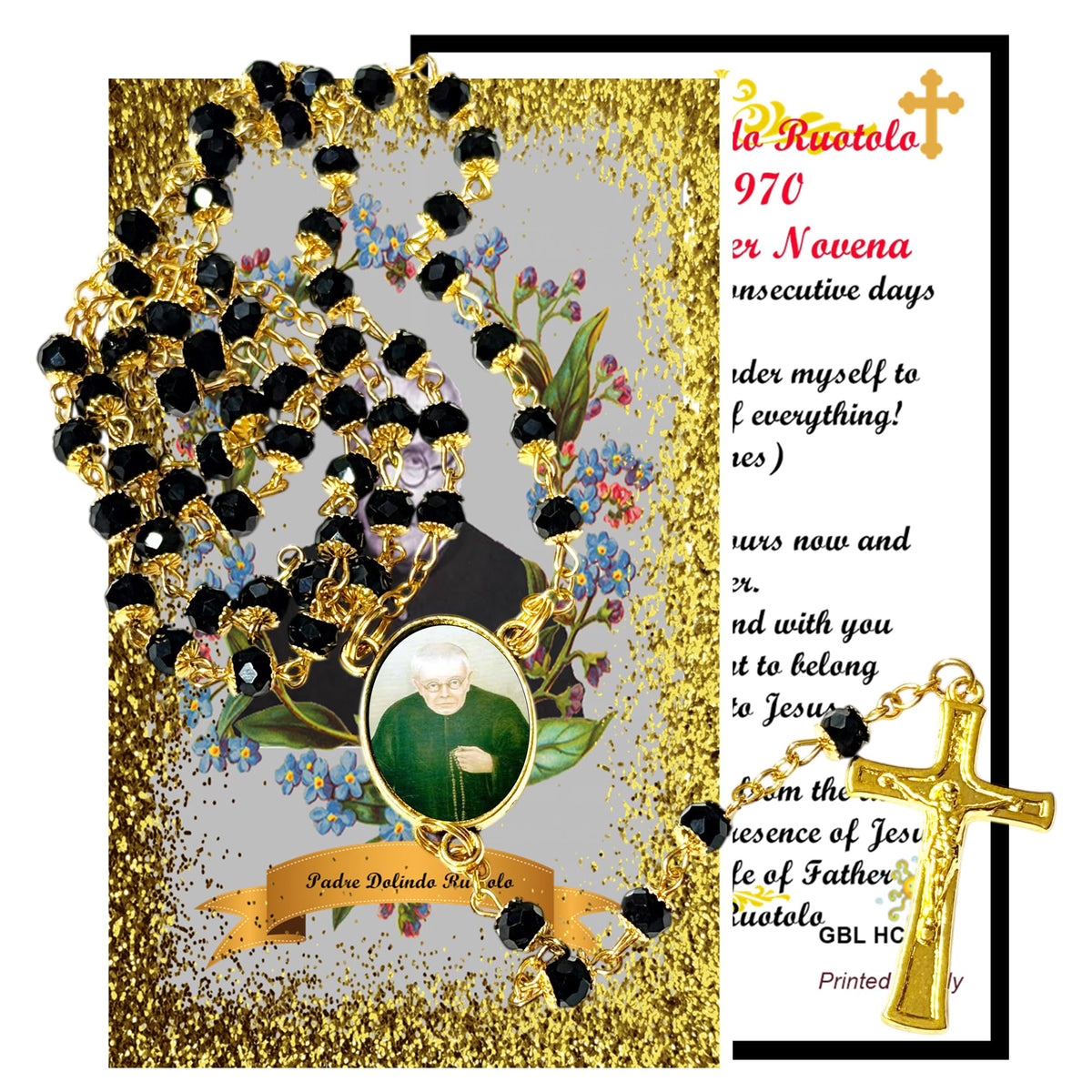 Servant of God Dolindo Ruotolo Apostle of Naples Handcrafted rosary jet black quartz capped beads gold plated findings, crucifix, medal centerpiece with color image and a prayer card