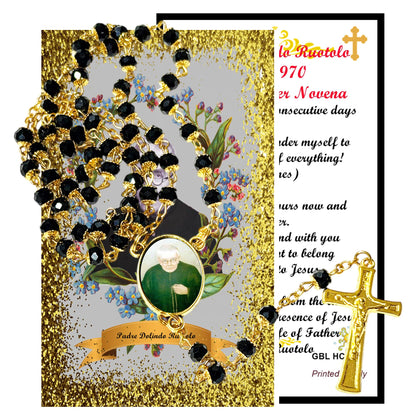 Servant of God Dolindo Ruotolo Apostle of Naples Handcrafted rosary jet black quartz capped beads gold plated findings, crucifix, medal centerpiece with color image and a prayer card