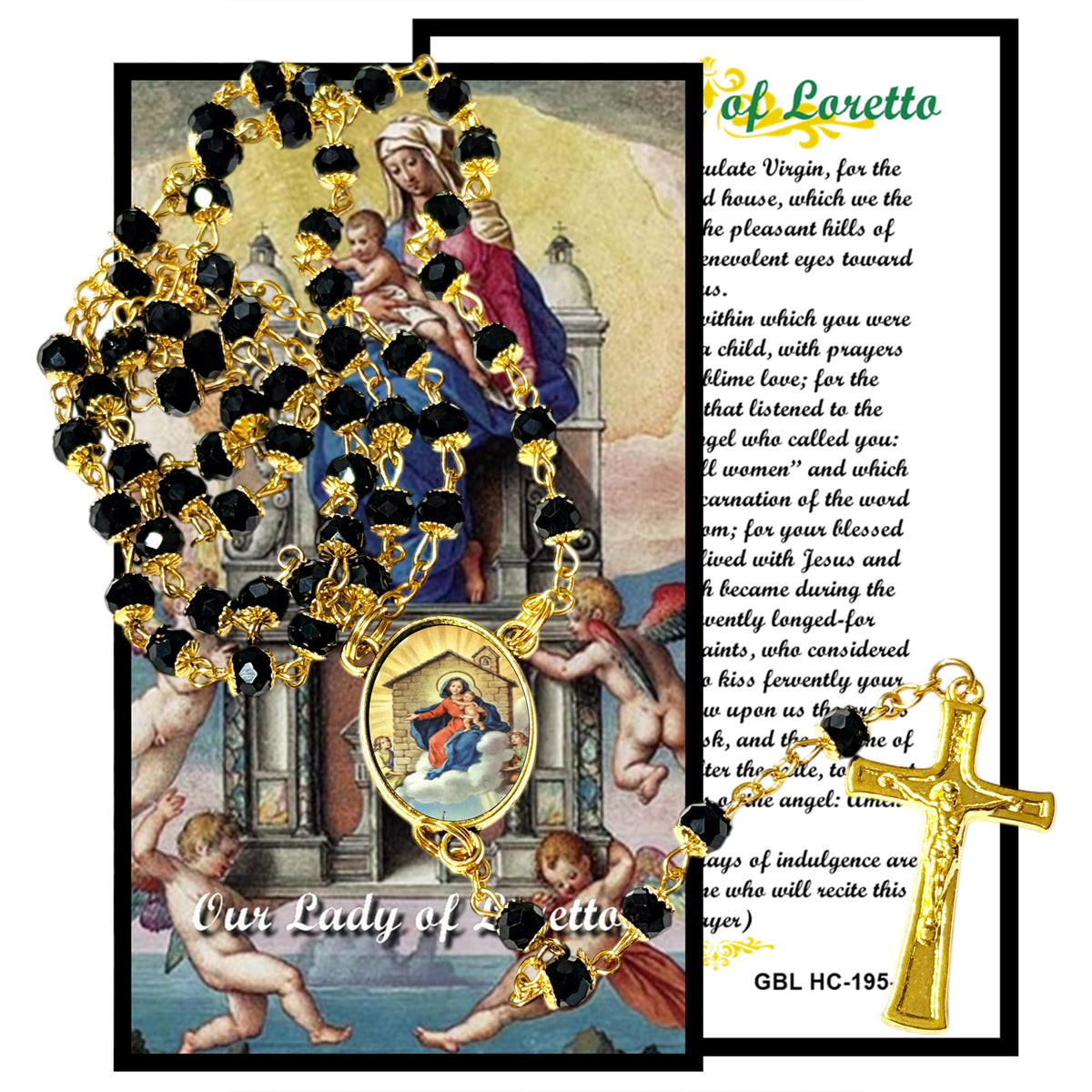Our Lady of Loretto Handcrafted rosary jet black quartz capped beads gold plated findings, crucifix, medal centerpiece with color image and a prayer card