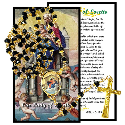 Our Lady of Loretto Handcrafted rosary jet black quartz capped beads gold plated findings, crucifix, medal centerpiece with color image and a prayer card