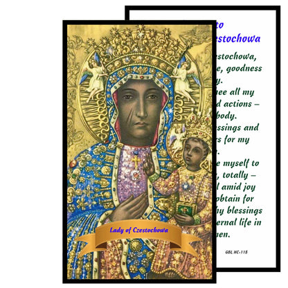 Our Lady of Czestochowa Patron of Poland Handcrafted rosary jet black quartz capped beads gold plated findings, crucifix, medal centerpiece with color image and a prayer card