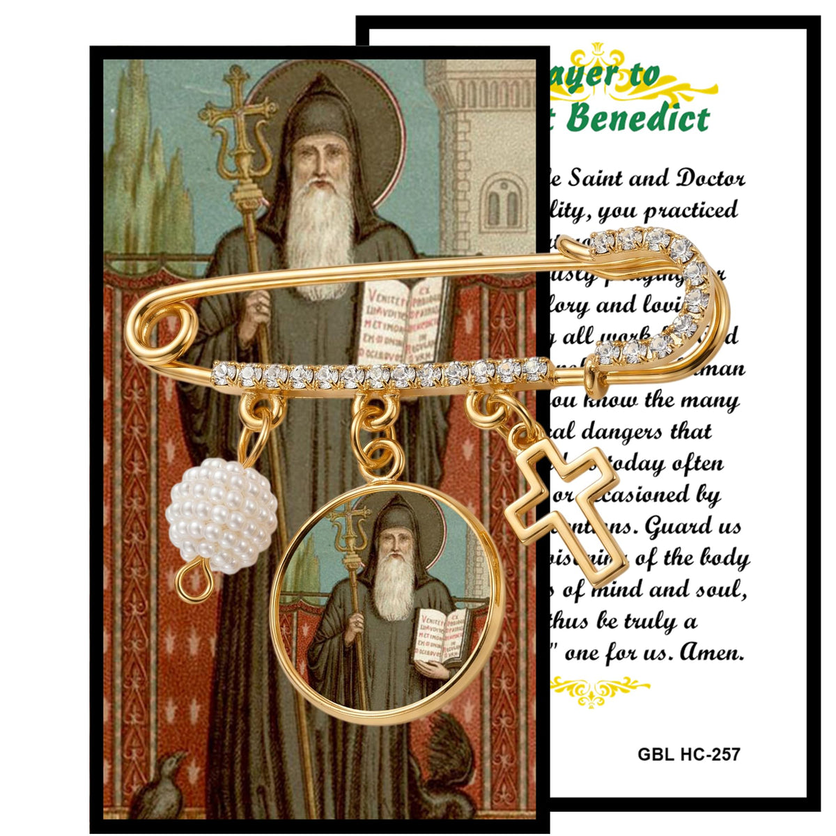 St. Benedict Gold-Tone Safety Pin Brooch with Saint Medal, Cross Charm, Pearl Accent & Crystal Details, Catholic Religious Faith Pin, Inspirational Gift