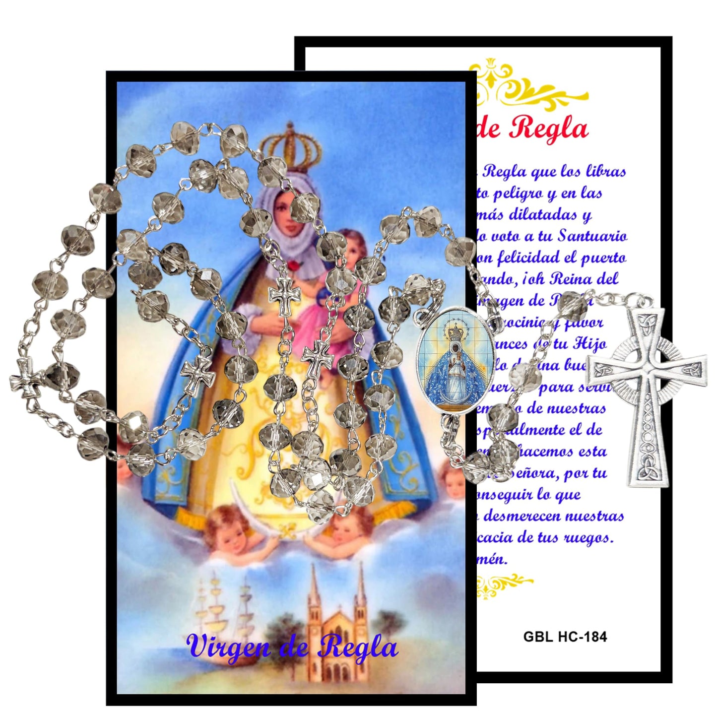 Virgen de Regla Rosario artesanal de cristal de cuarzo ahumado con crucifijo bañado en plata y centro con imagen a color – crucifijos por Padre Nuestros y postal de rezo EN ESPANOL