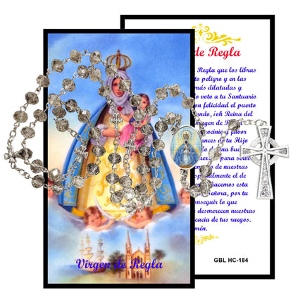 Virgen de Regla Rosario artesanal de cristal de cuarzo ahumado con crucifijo bañado en plata y centro con imagen a color – crucifijos por Padre Nuestros y postal de rezo EN ESPANOL