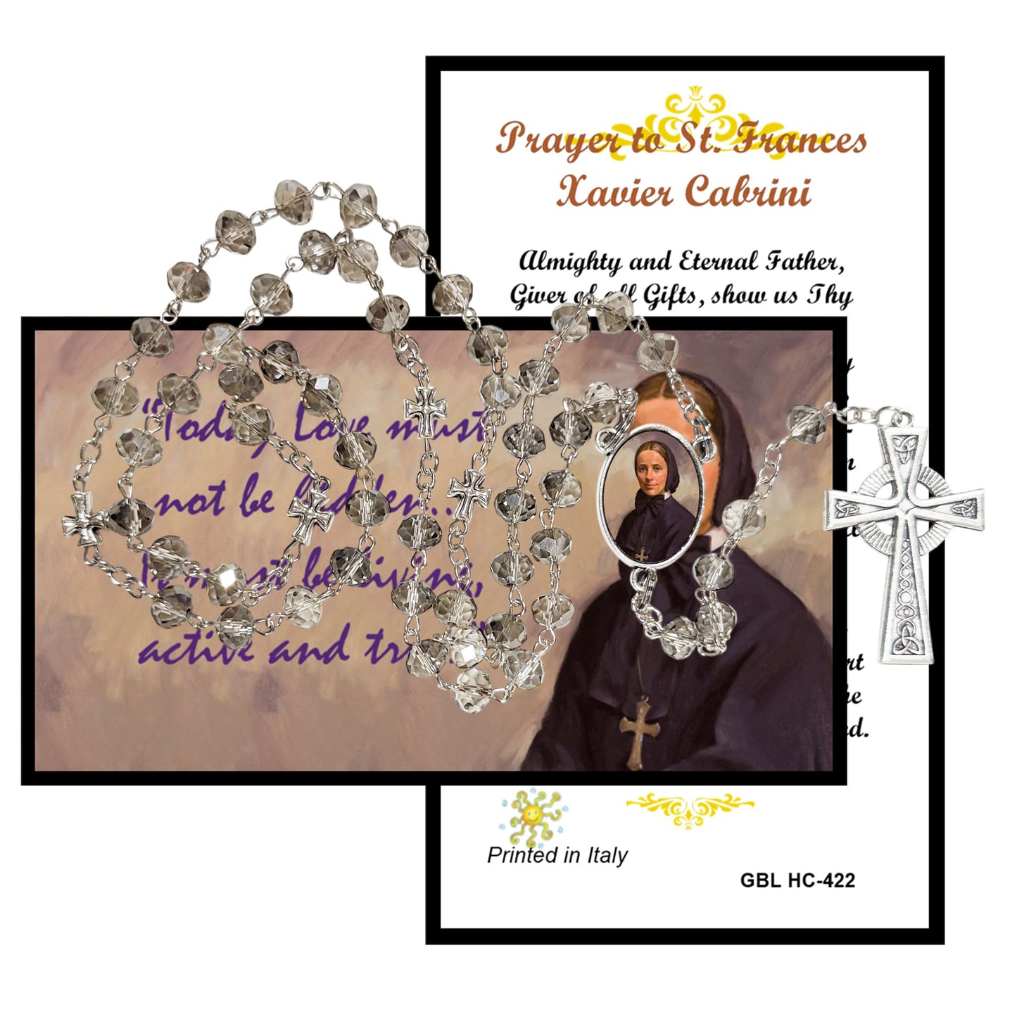 Mother Frances Xavier Cabrini Patron of immigrants and missionaries Handcrafted Smoke Quartz Crystal Rosary with Silver‑Plated Crucifix and Color Image Centerpiece – Cross Pater Nosters and Prayer Card Included